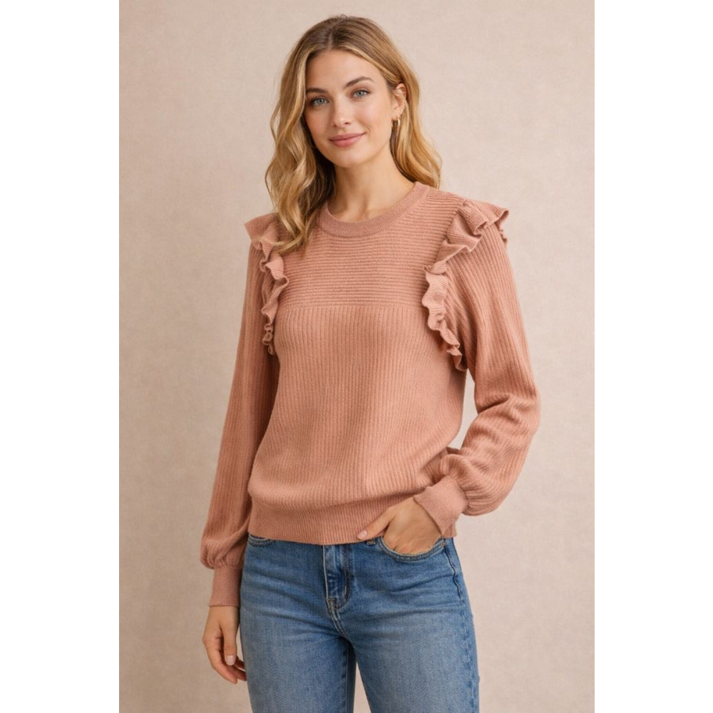Women's Perfectly Priscilla Pink Ribbed Ruffle Crew Neck Sweater S